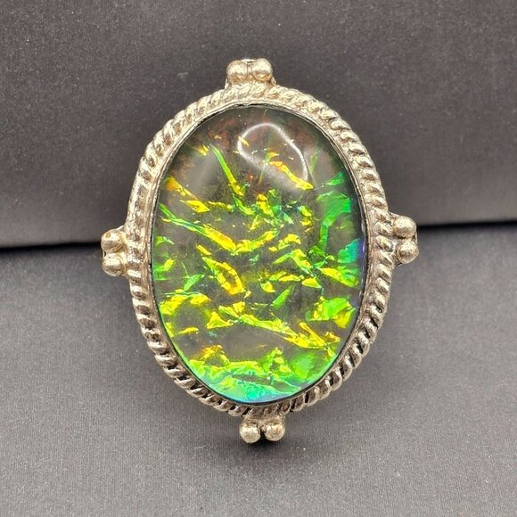 Handmade Jewelry - 925 Sterling Silver Plt Dichroic Glass Ring Size 9 Green Iridescent Bezel Settin